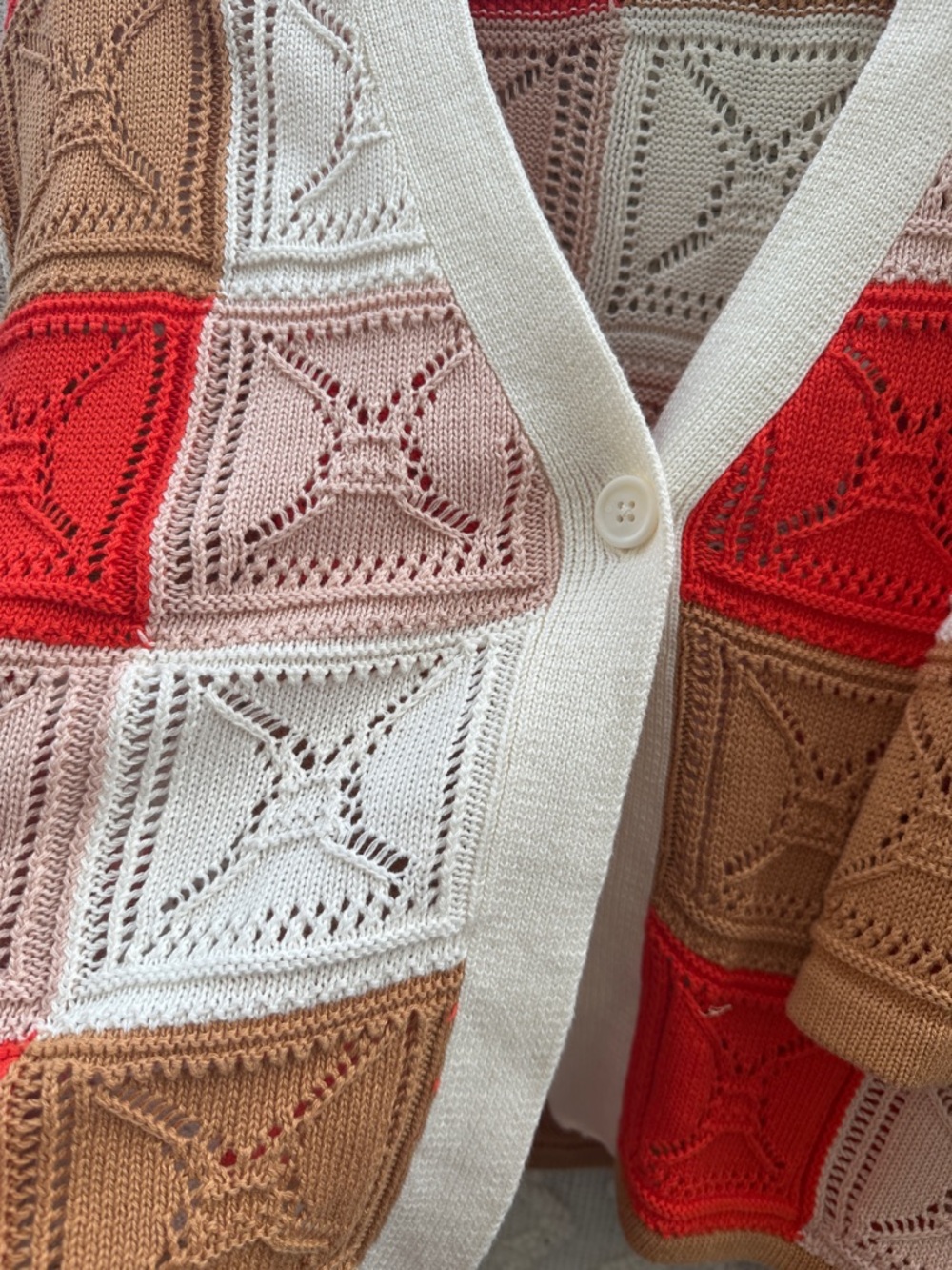 Open-Knit Patchwork Cardigan Sweater - Cream Red Tan - Picture 9 of 9